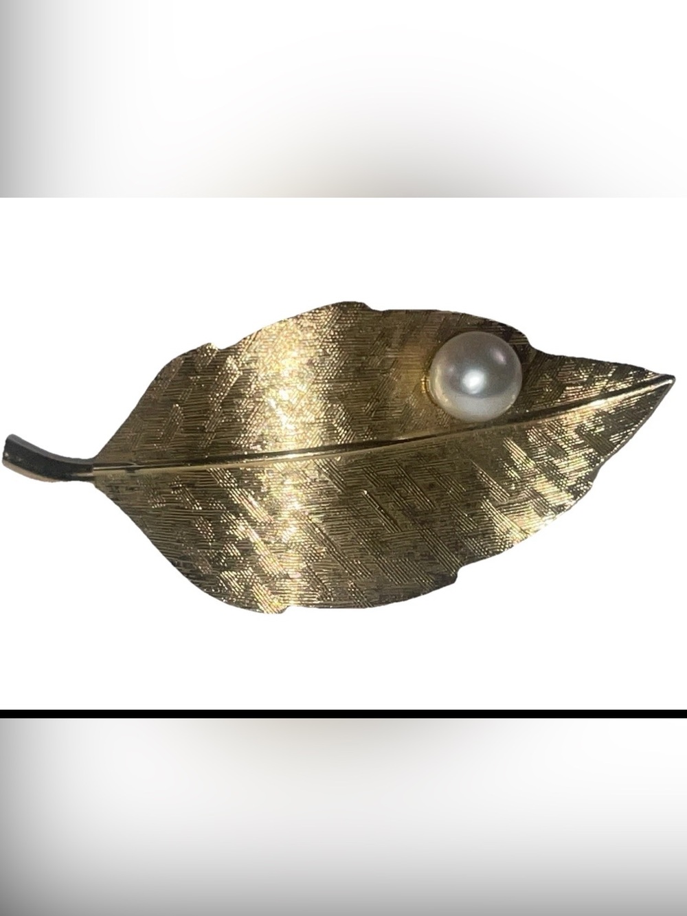 Vintage Krementz Yellow Gold Filled Leaf Brooch Pin White Cultured Pearl Accent